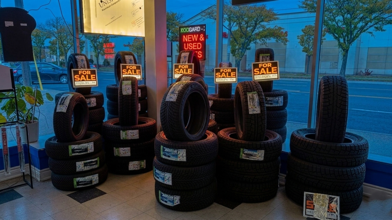 Premium car tires and alloy wheels close-up